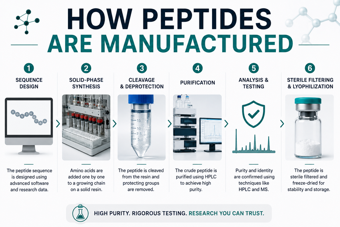 How peptides are manufactured using solid-phase peptide synthesis, purification, HPLC, and mass spectrometry