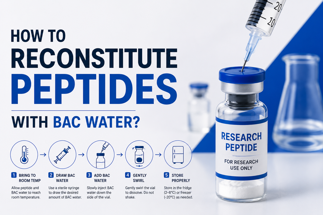 Illustration showing how to reconstitute a lyophilized research peptide with bacteriostatic water using sterile laboratory technique.