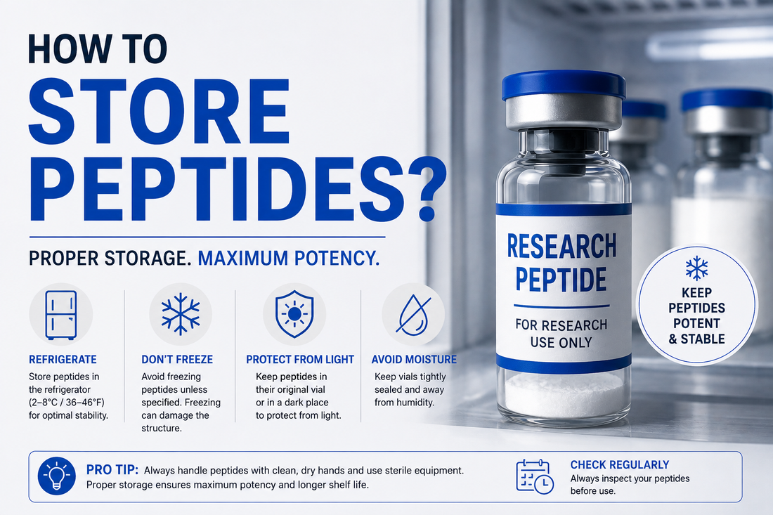 Research peptide storage showing lyophilized peptide vials stored under proper refrigerated laboratory conditions.