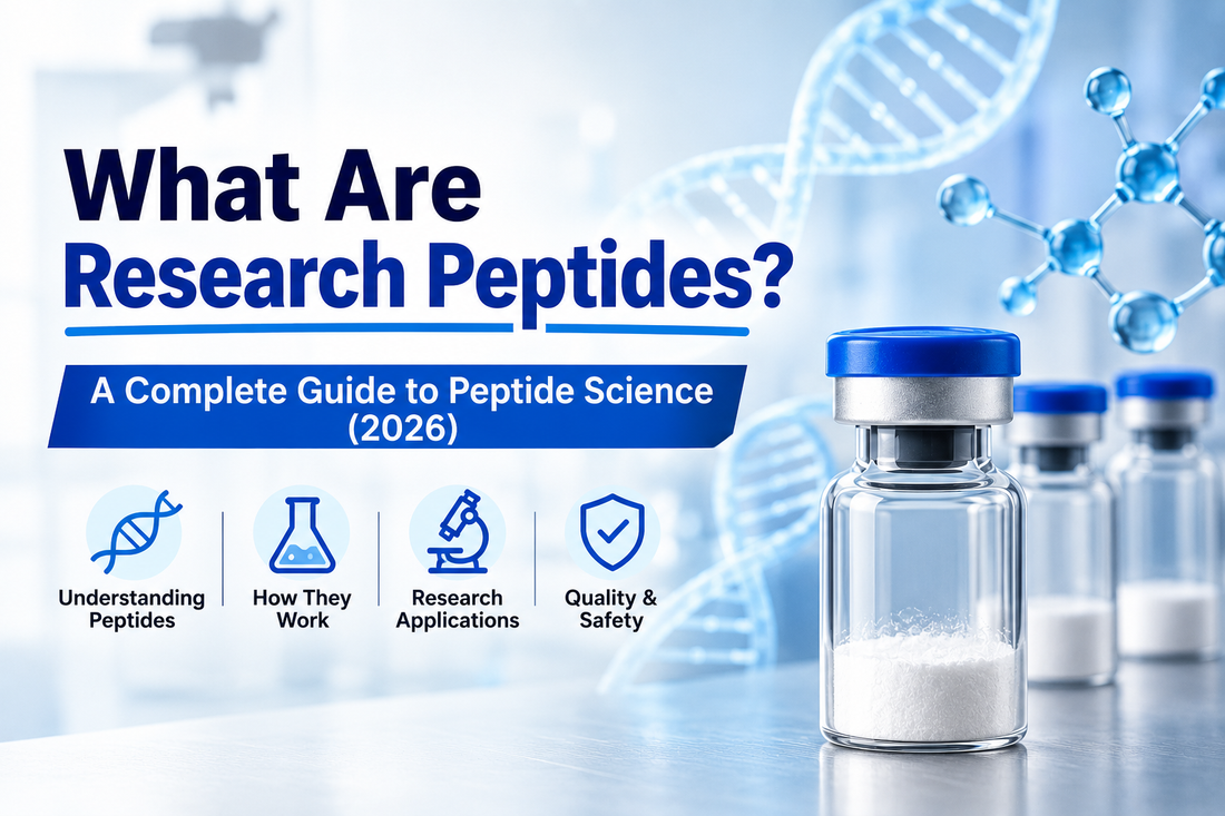 Illustration explaining what research peptides are and how they are used in laboratory research.